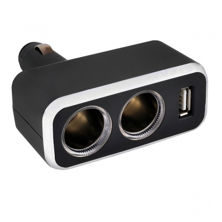 Адаптер прикуривателя 2 гнезда+1 USB, 0.5A, подвижный штекер на корпусе, Черный SKYWAY
